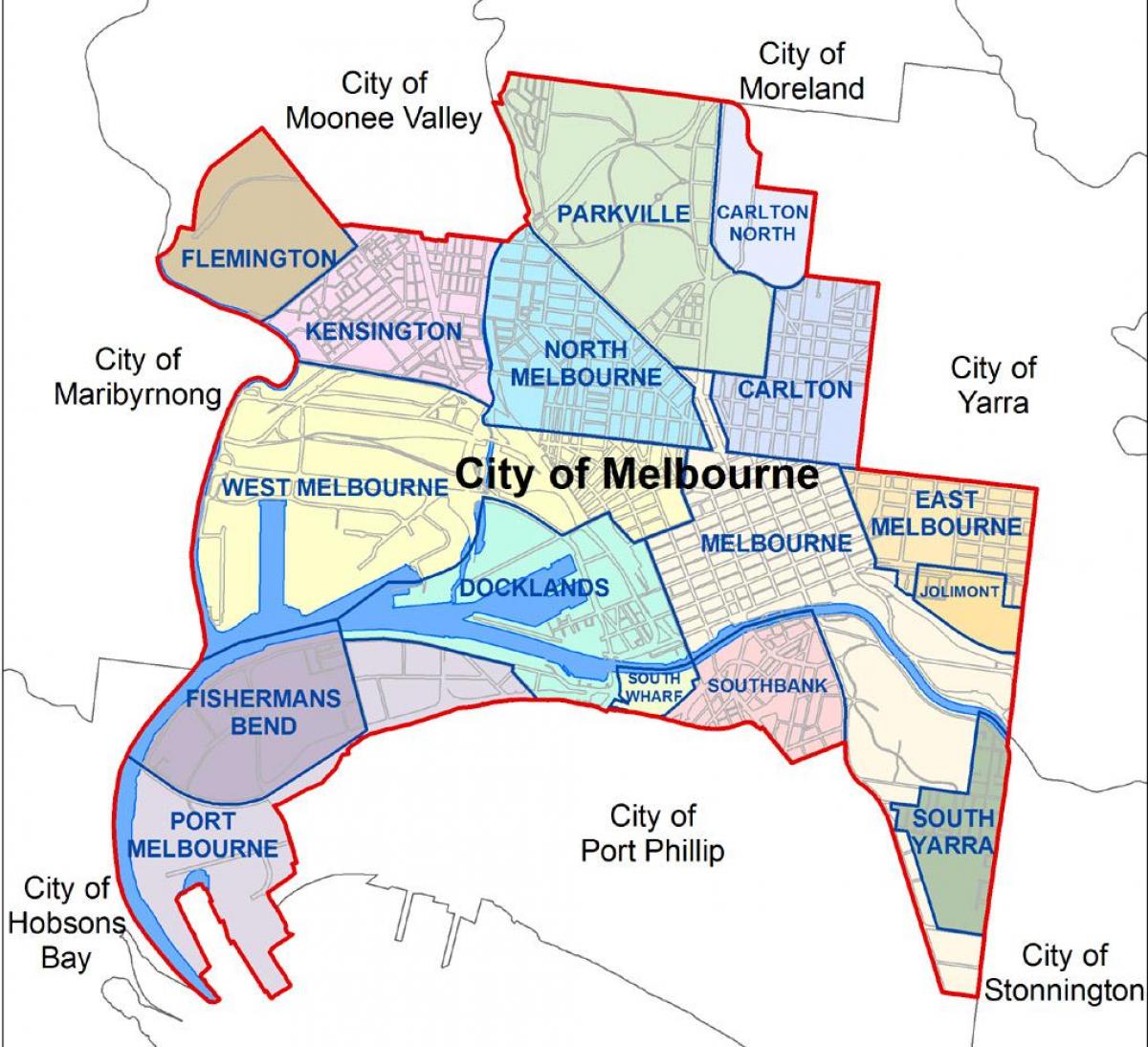 mapa de Melbourne e arredores arredores