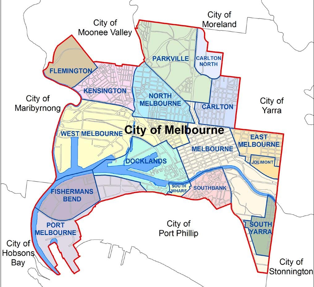 mapa de Melbourne e áreas circundantes