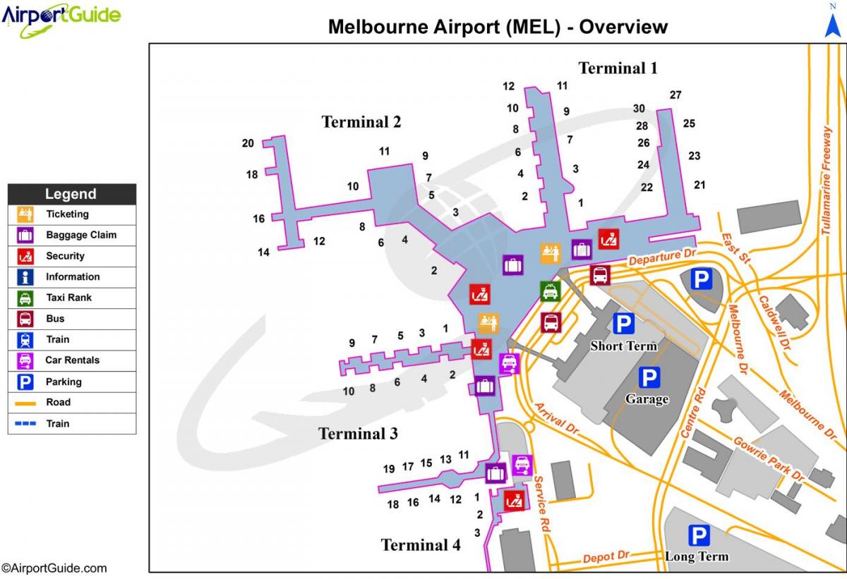 mapa de Melbourne aeroporto terminais